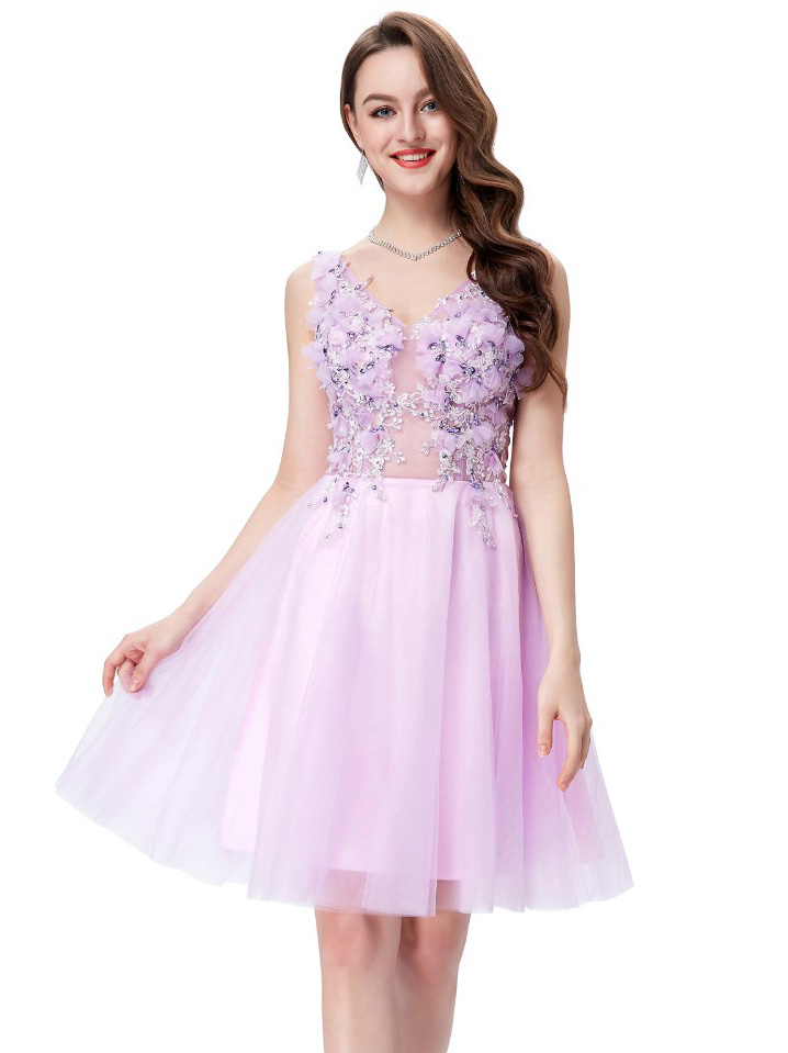 Rochie lila cu flori3D si corset transparent RK09